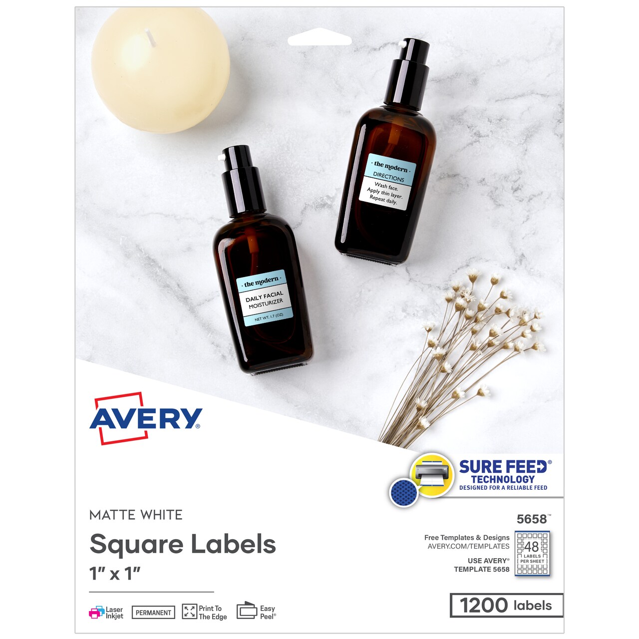 Avery Printable Square Labels with Sure Feed, 1" x 1", Matte White, Permanent Adhesive, Laser & Inkjet Printers, 1,200 Blank Labels (5658)